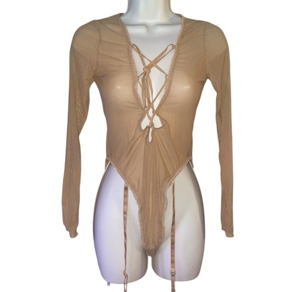 Frederick's of‎ Hollywood Lola Lee Late Sheer Mesh Lace-Up Front Teddy Tan M NWT